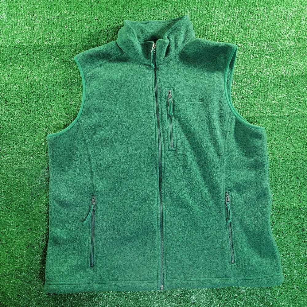 L.L.Bean Mens Fleece Vest Full Zip Size Large Green Embroidered Pockets Collar